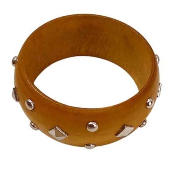 Western Style Silver Studded Wood Wide Bangle Bracelet Southwest Boho Chic - Picture 1 of 2